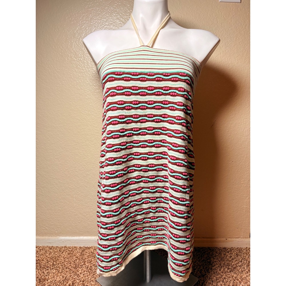 Y2K Topin Women Pink Mint Striped Knit Halter Mini Dress Cotton Size M #7